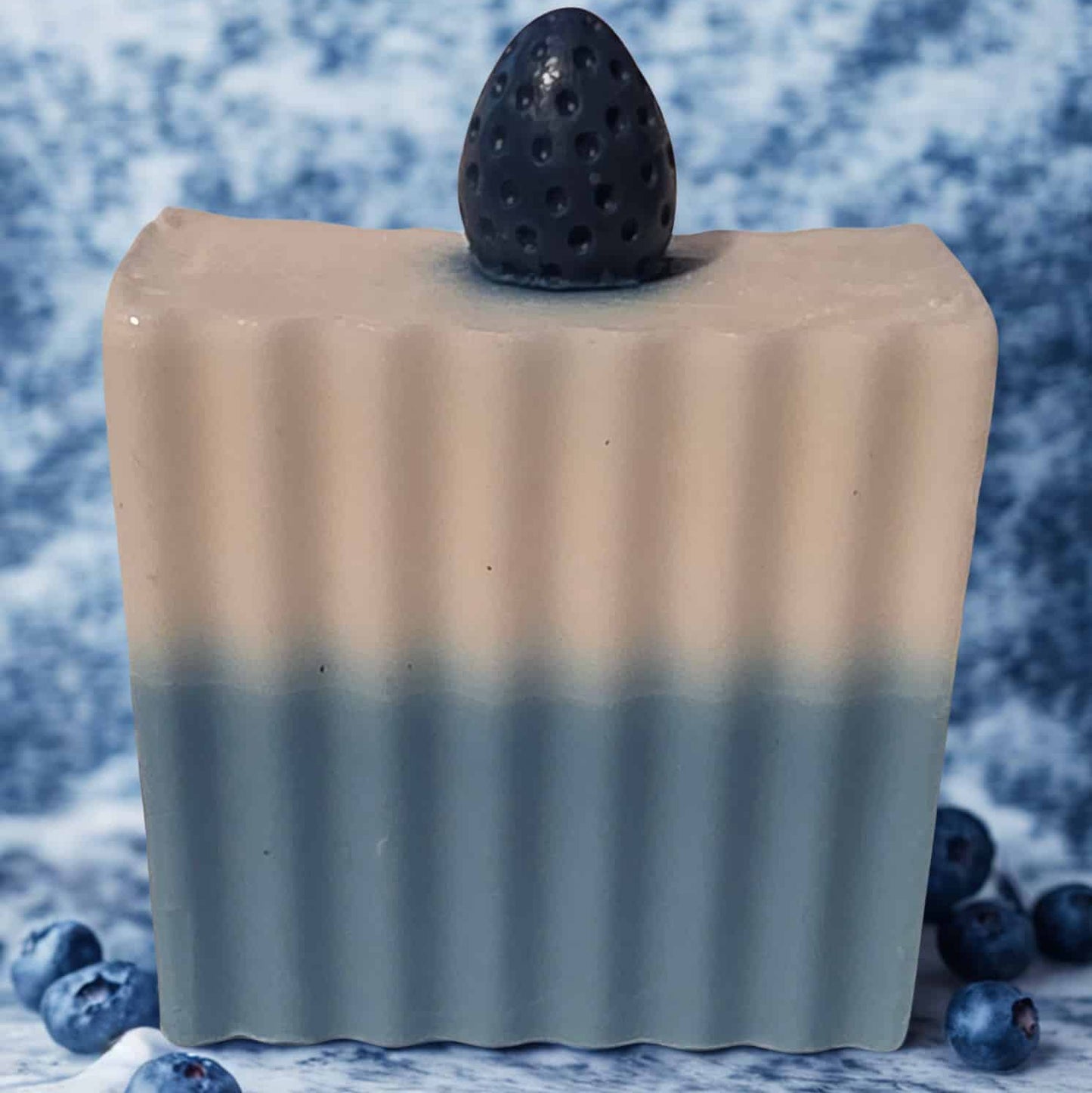 Handmade blueberry jam soap – blue and white artisan bar crafted in Michigan.