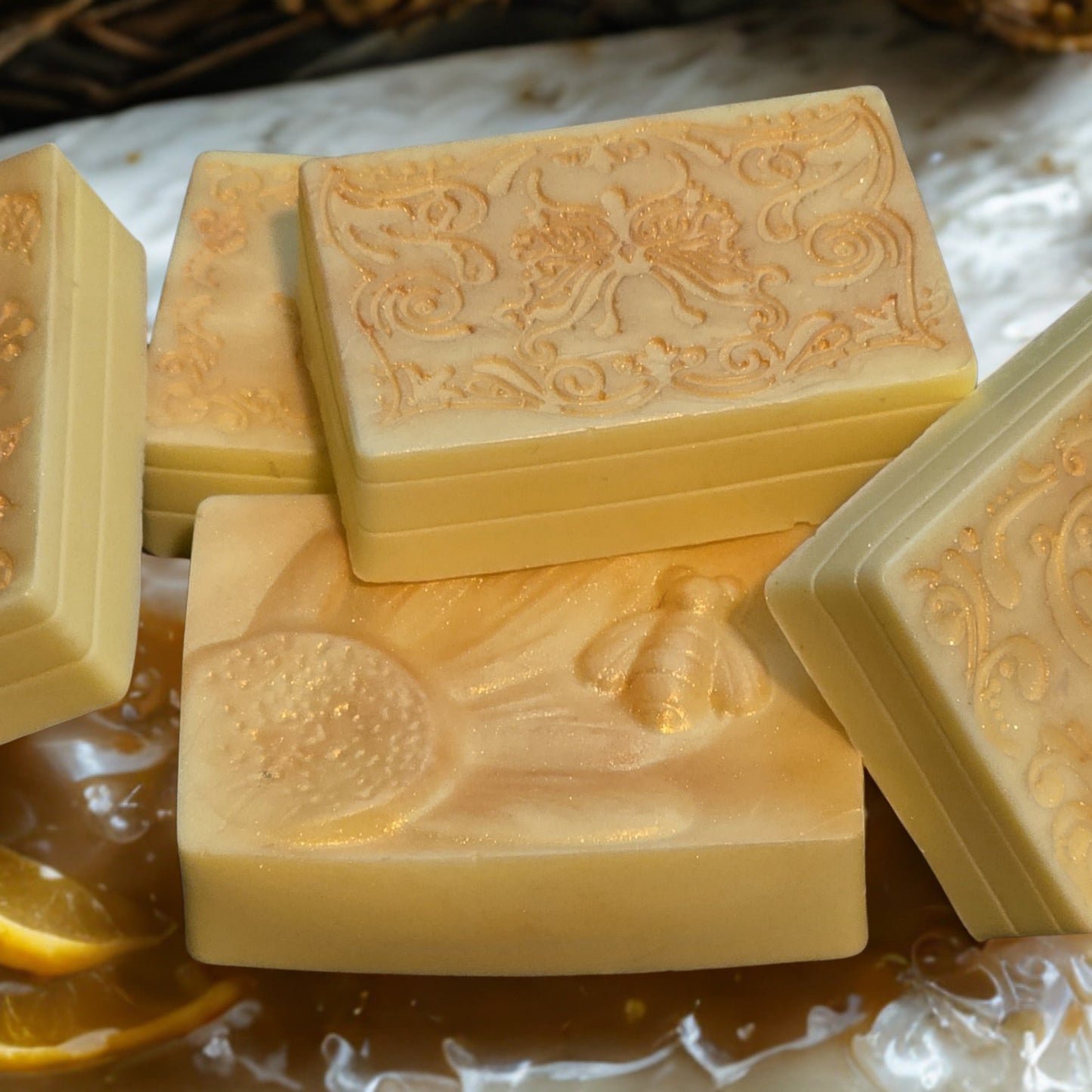 Handmade Meyer lemon goat milk soap – yellow rectangular artisan bars crafted in Michigan.