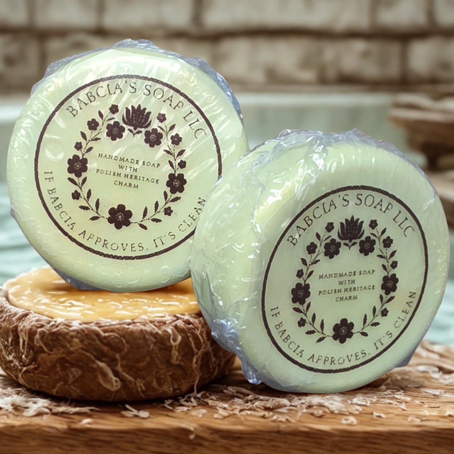Handmade lemongrass goat milk soap – round artisan bar crafted in Michigan.