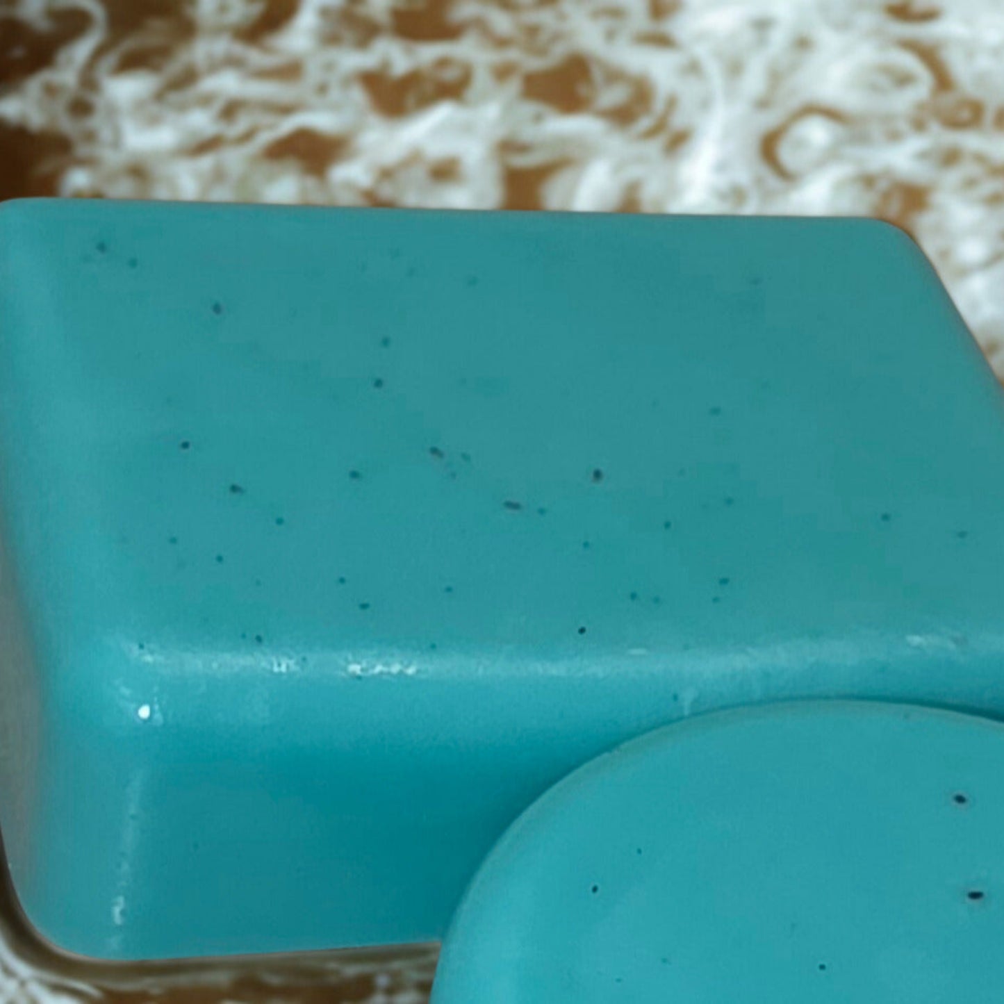 Handmade peppermint goat milk soap – turquoise rectangular artisan bar crafted in Michigan.