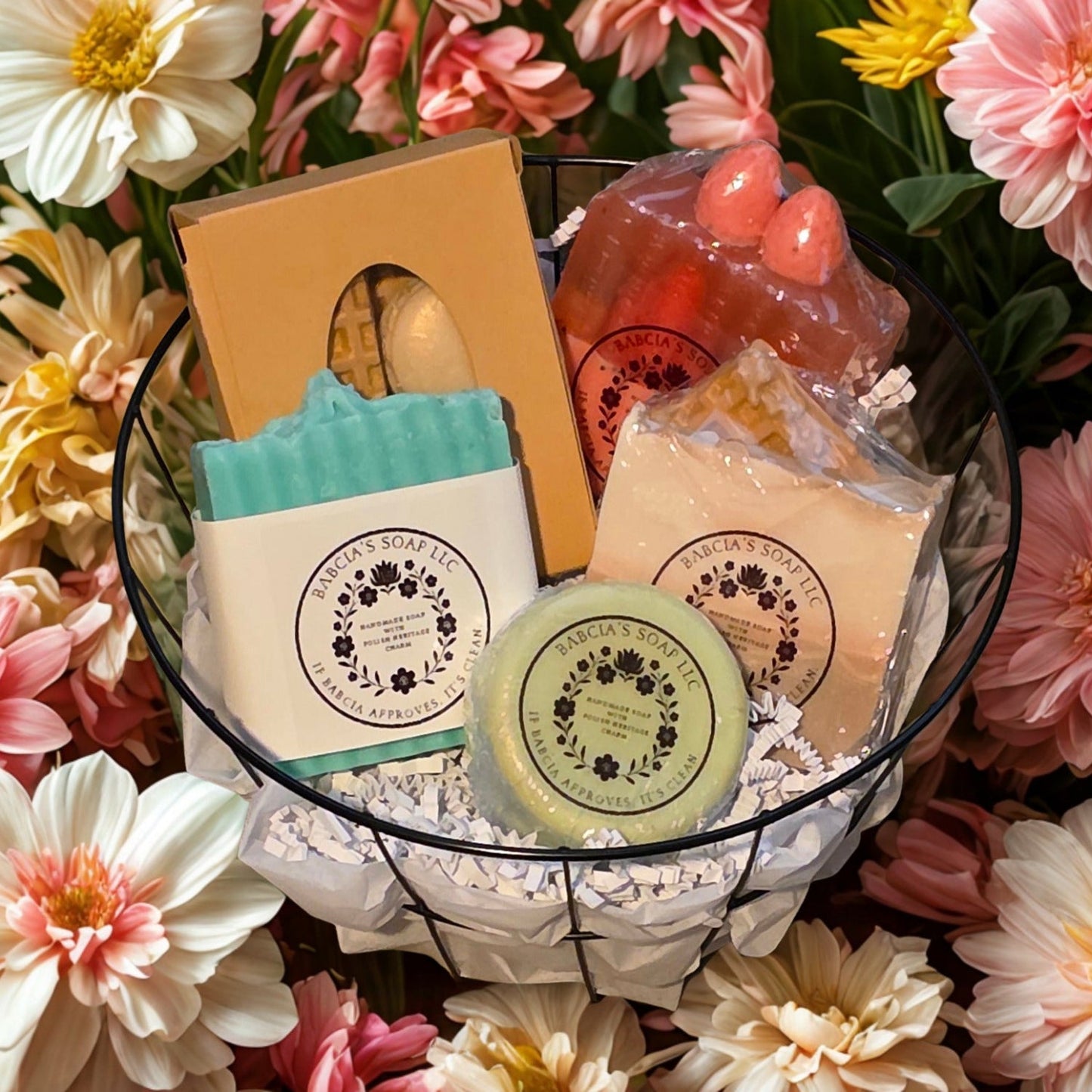 Black wire basket with four soap bars and mini soap bars