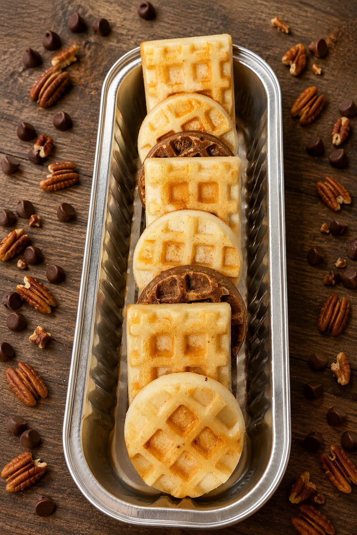 Wax melts in mini waffle shapes in a tin