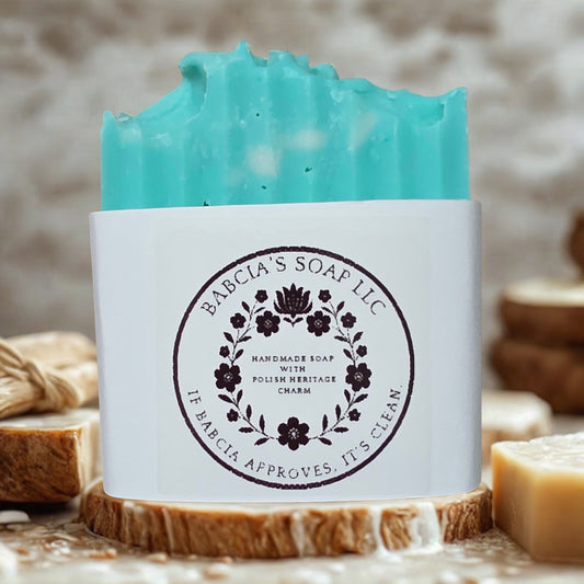 Handmade cedar sage lemongrass cold process soap – turquoise artisan bar crafted in Michigan.