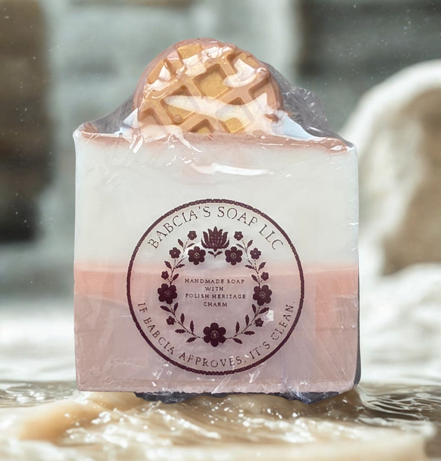 Handmade maple almond syrup goat milk soap – round waffle‑top bar, small‑batch Michigan gift soap.