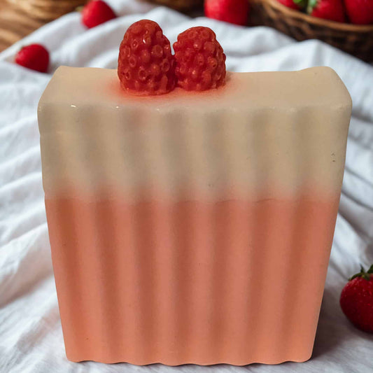 Handmade brambleberry soap – pink and white bar with berry toppers, Michigan artisan gift soap.