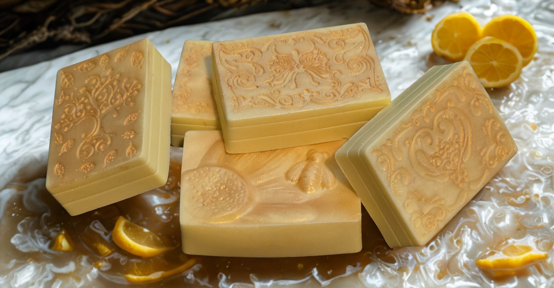 Handmade Meyer lemon goat milk soap – yellow rectangular artisan bars crafted in Michigan.