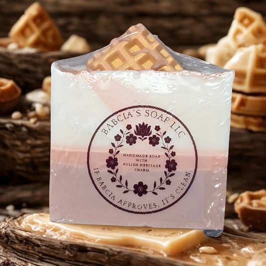 Handmade maple almond syrup goat milk soap – square waffle‑top bar, small‑batch Michigan gift soap.