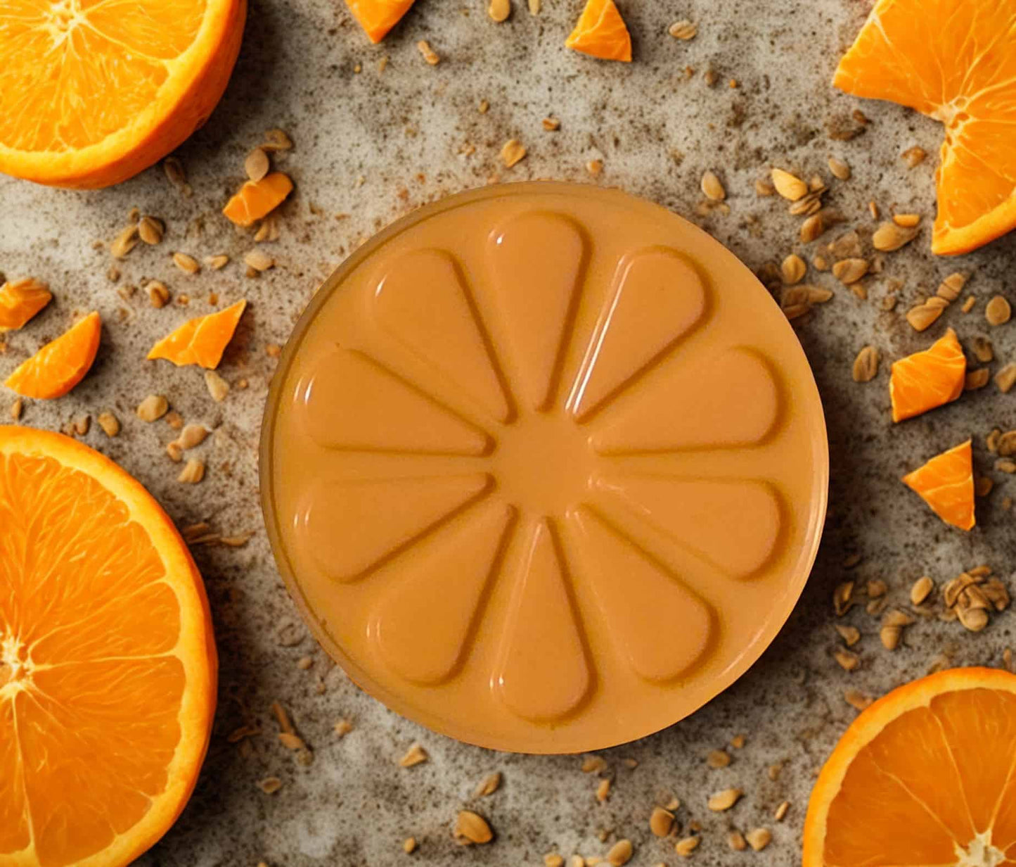 Handmade orange citrus goat milk soap – round artisan bar crafted in Michigan.