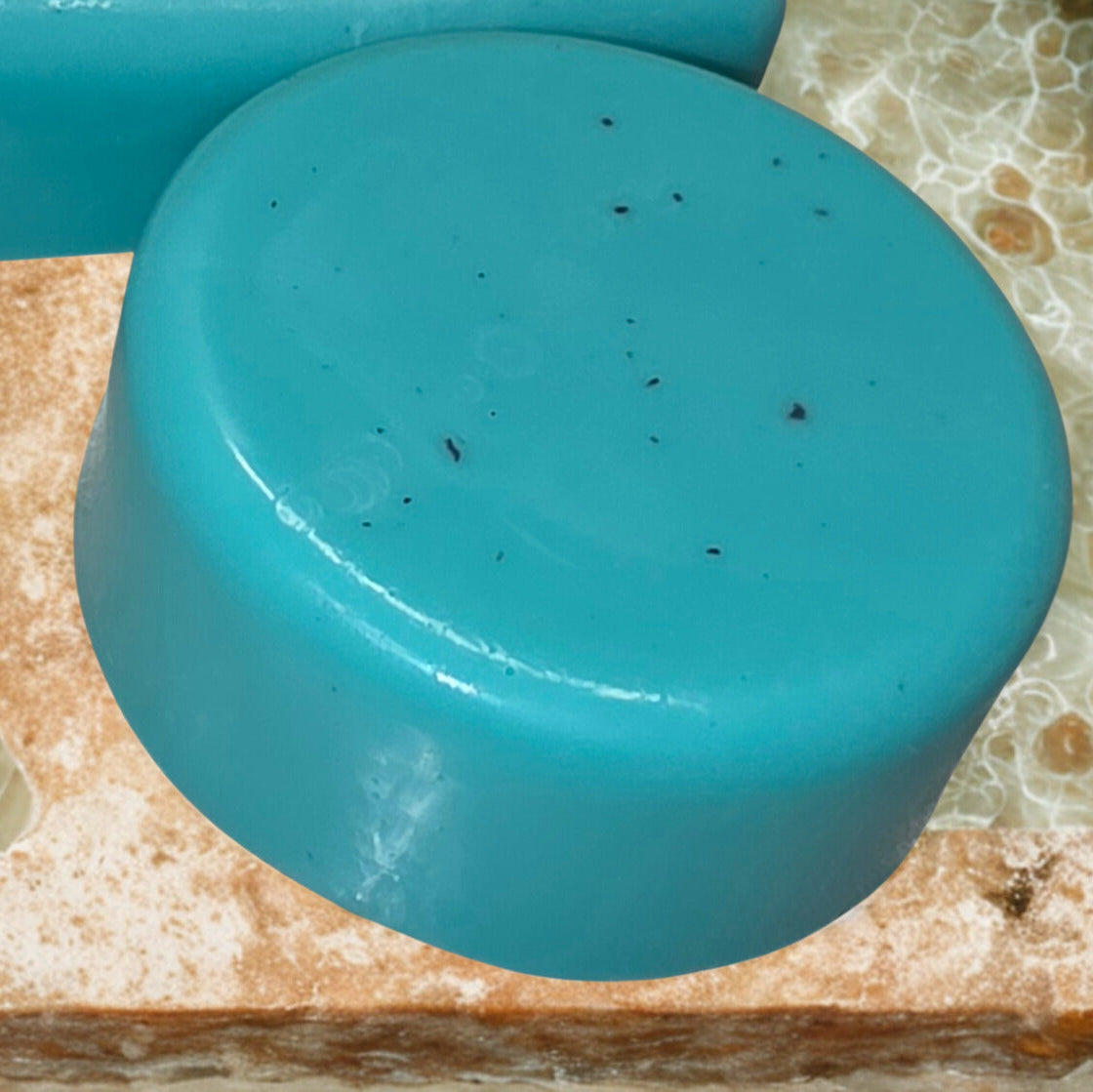 Handmade peppermint goat milk soap – turquoise round artisan bar, Michigan small‑batch gift soap.