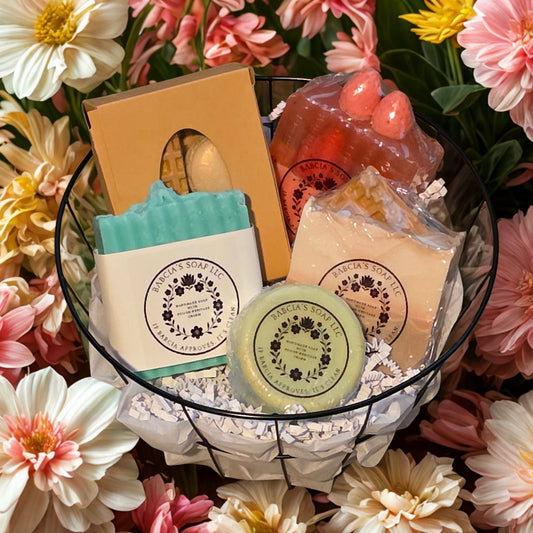 Black wire basket with four soap bars and mini soap bars