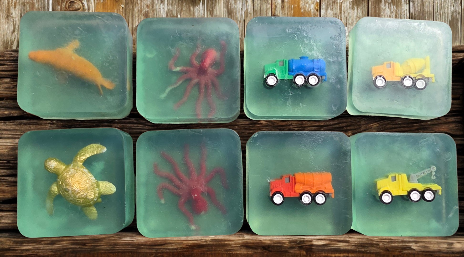 Handmade vanilla melt and pour soap – square bars with embedded toys, Michigan artisan gift soap.