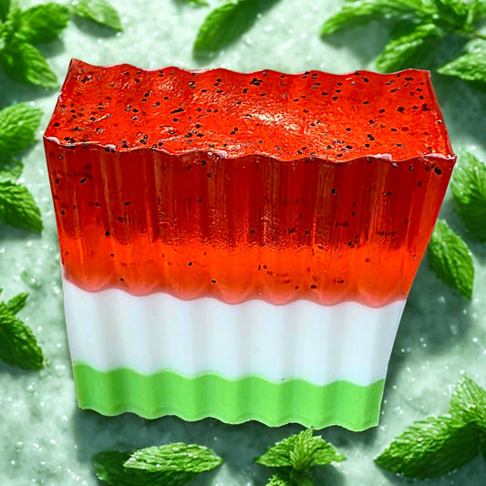 Handmade watermelon sugar soap – red, green, and white artisan bar, Michigan small‑batch gift soap.